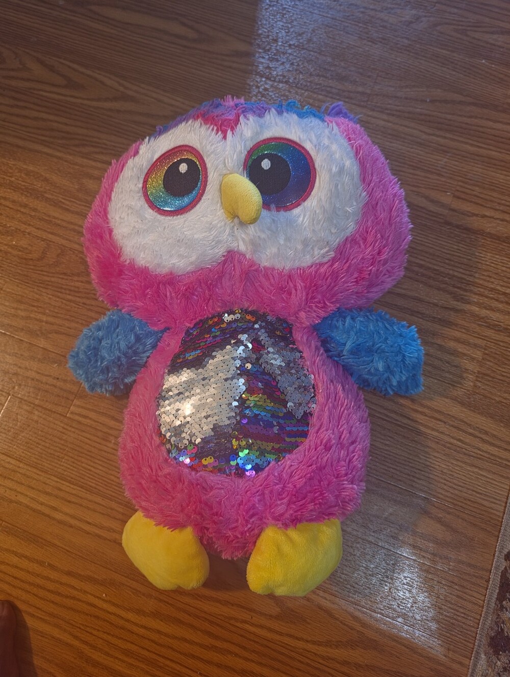 Pink Owl Pink, Blue & Yellow Plush Owl with Sequin Belly